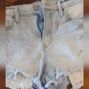 Light Blue Distressed Denim Shorts with Lace Trim